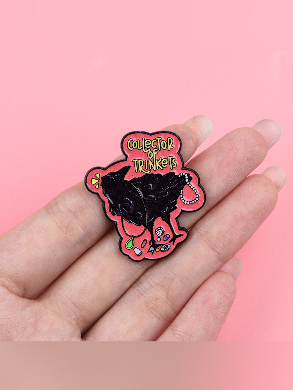 Collector of Trinkets Crow Enamel Pin – Cute Raven Trinket Collector Lapel Pin